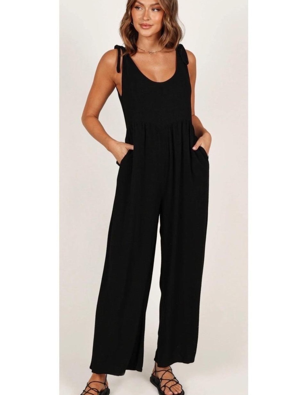 Petal & Pup linen/cotton Black Tie-Shoulder Wide-Leg Jumpsuit